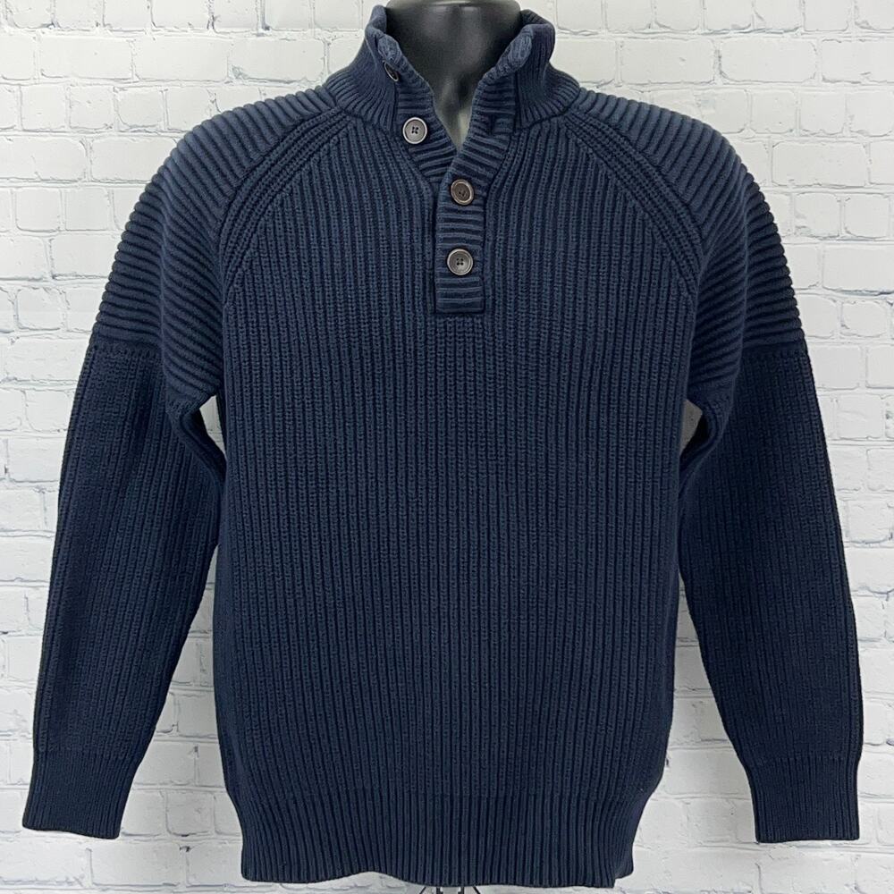 Esprit Original Cotton Rib Knit Sweater Mens M Medium Navy Blue Button Mock Neck